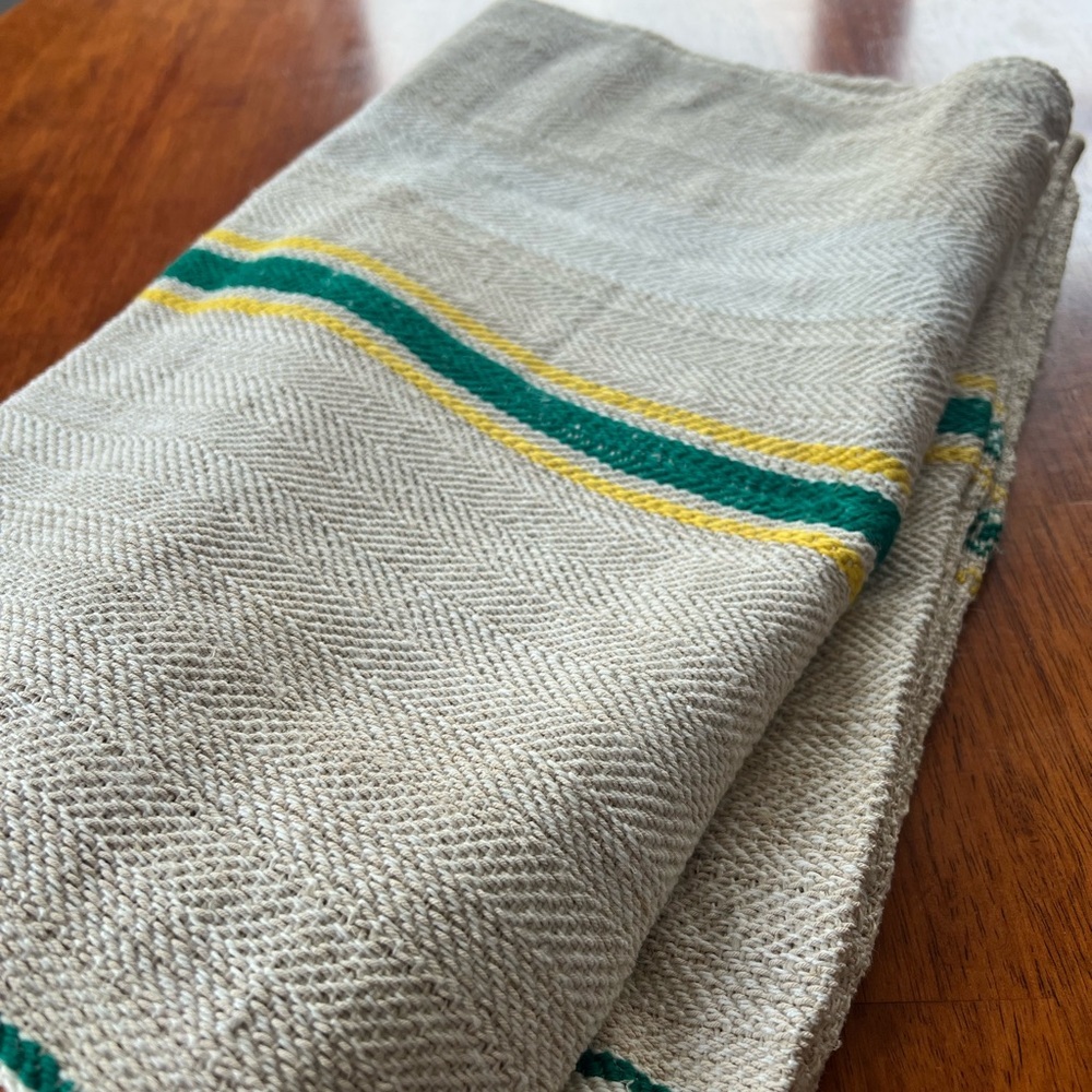 Vintage grain sack. Green and yellow stripes​